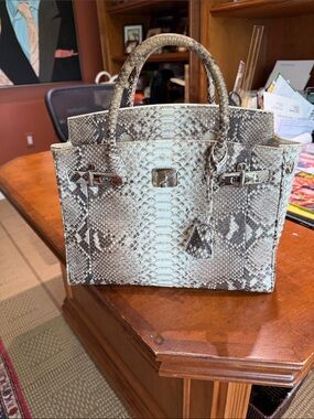Structured Genuine Python Skin  Satchel in Gray and Cream